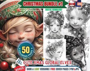 May include: A digital download bundle of 50 colouring pages featuring cute Christmas elves from around the world. The bundle includes dark and light versions of each page, as well as free cover pages. The pages are available in PDF and JPG formats.