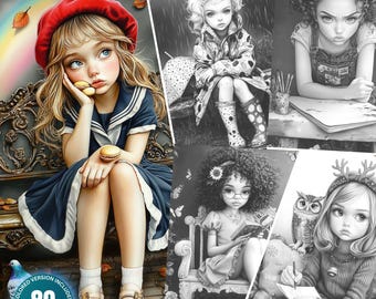 ベンチに座る優雅な女の子たち: 大人と子供向けのクリスマスぬり絵 80 ページ グレースケールのぬり絵ブック PDF & JPG 花のかわいい女の子のぬり絵セット