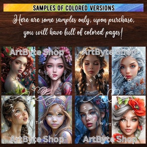 Pu&ograve; includere: Quattro immagini colorate di fate con fiori e farfalle. Ogni immagine ha il testo "ArtByte Shop" in basso. Le immagini sono esempi di pagine colorate.