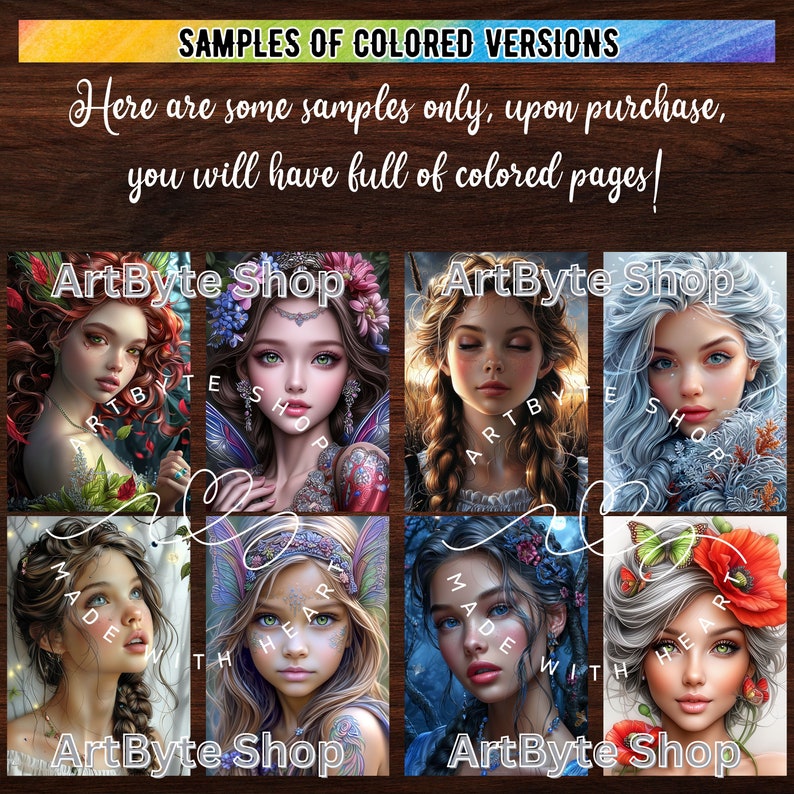 Pu&ograve; includere: Quattro immagini colorate di fate con fiori e farfalle. Ogni immagine ha il testo "ArtByte Shop" in basso. Le immagini sono esempi di pagine colorate.