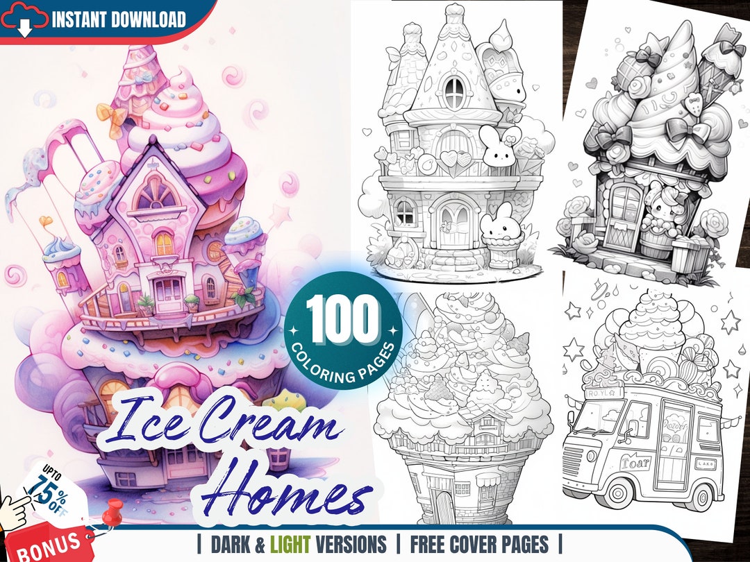 Enchanting Ice Cream Homes Coloring Pages for Adults and Kids Printable Coloring Book Fantasy ...
