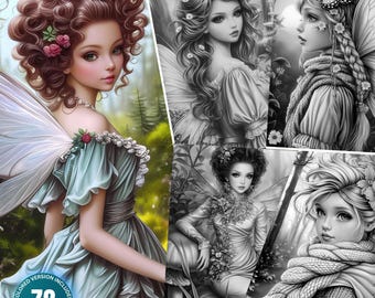 May include: A digital art print featuring a collection of fairy illustrations in various styles, including colored and grayscale versions. The image includes the text "ENCHANTED FLOWER FAIRIES" and "72 COLORING PAGES". The artwork showcases detailed portraits of fairies with floral accents.