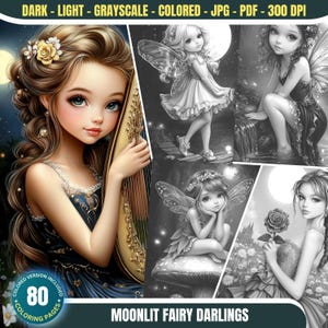 Moonlit Fairy Darlings: 80 Coloring Pages for Kids and Adults Instant Download Grayscale Coloring Book Printable PDF &JPG Fairy Coloring Set