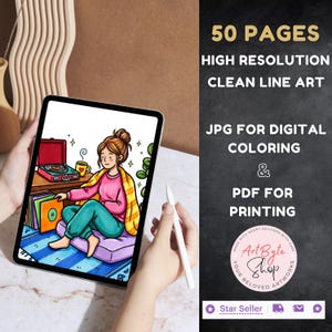 May include: Digital coloring book displayed on a tablet. The illustration shows a person sitting with a record player, coffee, and records. Text on the right side reads "50 PAGES, HIGH RESOLUTION, CLEAN LINE ART, JPG FOR DIGITAL COLORING & PDF FOR PRINTING."