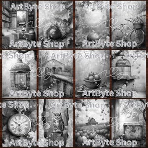 May include: A collage of nine black and white images featuring various objects, including a birdcage, a clock, a barn, apples, and a sunflower. The images are arranged in a grid pattern and each image has the text "ArtByte Shop" at the top and bottom.