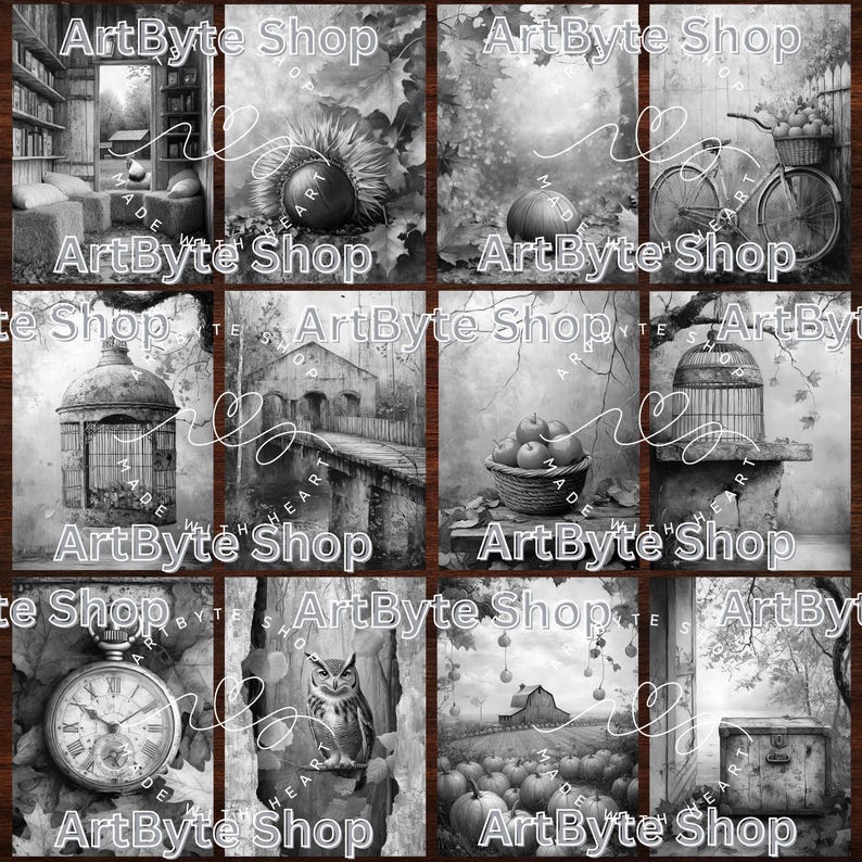 May include: A collage of nine black and white images featuring various objects, including a birdcage, a clock, a barn, apples, and a sunflower. The images are arranged in a grid pattern and each image has the text "ArtByte Shop" at the top and bottom.