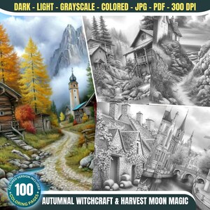 May include: A digital art print featuring four images: a colored landscape with a path and buildings, and three grayscale drawings of buildings. The text reads "Autumnal Witchcraft & Harvest Moon Magic" and "100 Coloring Pages".