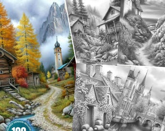 Puede incluir: Una impresión de arte digital con cuatro imágenes: un paisaje coloreado con un camino y edificios, y tres dibujos en escala de grises de edificios. El texto dice "Autumnal Witchcraft & Harvest Moon Magic" y "100 Coloring Pages".