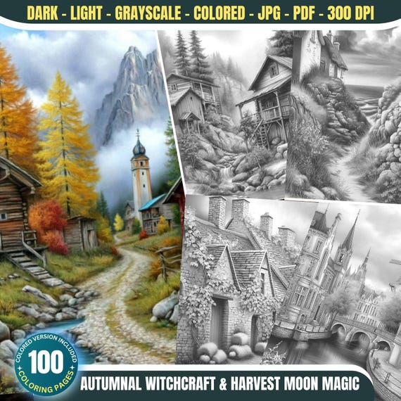 Stunning Global Villages in Fall Coloring Book Digital Download | Grayscale Autumn Town Pages | Adult Printable Architecture Coloring Bundle