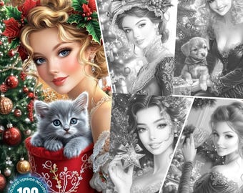 May include: A digital colouring book featuring four illustrations of women in Victorian-era clothing with Christmas themes. The illustrations include a woman holding a kitten in a red stocking, a woman holding a star, a woman with a dog, and a woman with a Christmas tree. The text "Victorian Christmas Elegance" and "100 Colouring Pages" are included in the image.
