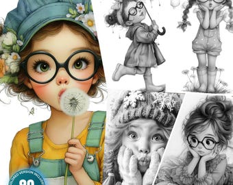 Cute Girl Moments: 80 Coloring Pages for Adults and Kids Instant Download Grayscale Coloring Printable PDF & JPG Flower Girl Coloring Bundle