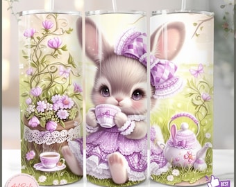 Purple Floral Rabbit Skinny Tumbler Wrap 20oz Sublimation Design Floral Baby Rabbit Digital Download Easter Bunny PNG Gift Pink gift Girls