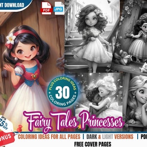 May include: A digital download of coloring pages featuring fairy tale princesses. The image shows four different princesses, including Snow White, Rapunzel, Cinderella, and a princess with a crown. The text on the image reads "Fairy Tales Princesses" and "Coloring Ideas for All Pages | Dark & Light Versions | PDF & JPG | Free Cover Pages".