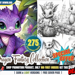 Dragon Fantasy Collection - 275 Enchanting Greyscale Coloring Pages for Adults and Kids, Dragon Woodland, Flower Dragon, Castle Dragons PDF