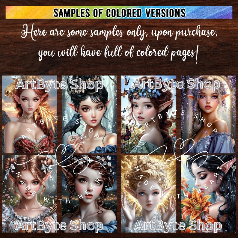 May include: Six colorful illustrations of fairies with different backgrounds and accessories. The text "ArtByte Shop" appears at the bottom of each illustration.