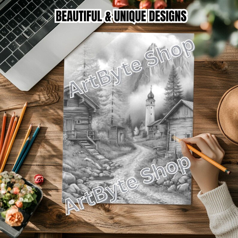 May include: A black and white landscape coloring page with a mountain village scene. The image includes a pencil, a laptop, and the text "BEAUTIFUL & UNIQUE DESIGNS". The ArtByte Shop logo is also visible.
