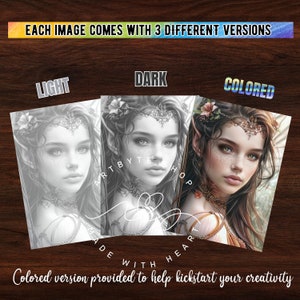 Pu&ograve; includere: Una stampa d'arte digitale di una giovane donna con lunghi capelli fluenti, che indossa una corona e una collana. L'immagine &egrave; disponibile in tre versioni: chiara, scura e colorata. Il testo "Artbytehop" &egrave; visibile nell'immagine.