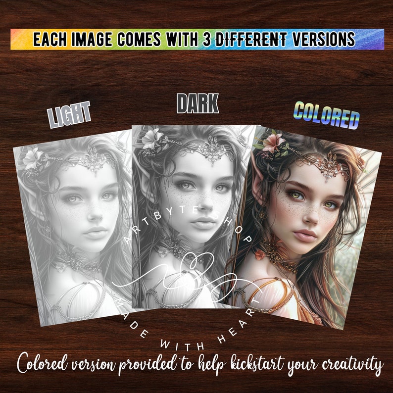 Pu&ograve; includere: Una stampa d'arte digitale di una giovane donna con lunghi capelli fluenti, che indossa una corona e una collana. L'immagine &egrave; disponibile in tre versioni: chiara, scura e colorata. Il testo "Artbytehop" &egrave; visibile nell'immagine.