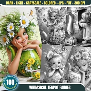 Fate stravaganti della teiera - 100 pagine da colorare per adulti e bambini Download istantaneo Libro da colorare in scala di grigi PDF stampabile e JPG Ragazze floreali