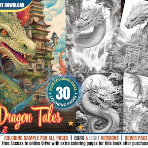 30 Dragon Tales Coloring Pages for Adults + Kids Grayscale Coloring Book Gift, Printable Art PDF, Dragons coloring Dragons Fantasy Coloring