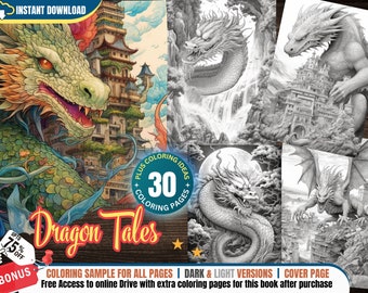30 Dragon Tales Coloring Pages for Adults + Kids Grayscale Coloring Book Gift, Printable Art PDF, Dragons coloring Dragons Fantasy Coloring