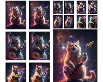 Rock Guitar Cats Clipart, Digital Sticker Sheet, Outer Space Funny Kitty Prints, Angry Musical Cat Download, Printable, animal Musician