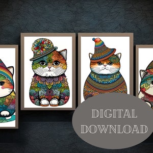 Super Fat Cat with Hat Wall Art set of 4, Colorful Cute Kitty Prints, Funny Mandala Kitten Digital Download, Printable, Animals, AI art
