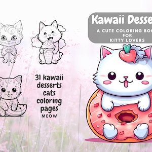 Kawaii Dessert Kitties & Summer Cats Coloring: Delightful, Cute, and Easy for Kitty Lovers, Digital Postcards/Wall Arts, Instant Download