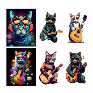 Cool Rock Guitar Cats Clipart, Digital Post Card/Sticker, Zonnebril Funny Kitty Prints, Musical Cat Download, Afdrukbaar, dierenmuzikant