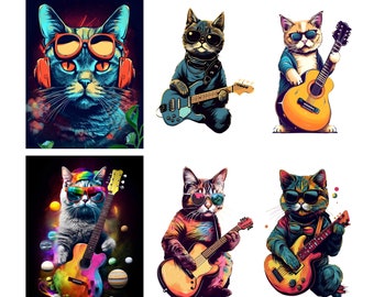 Cool Rock Guitar Cats Clipart, Digital Post Card/Sticker, Sunglasses Funny Kitty Prints, Musical Cat Download, Printable, animal Musician