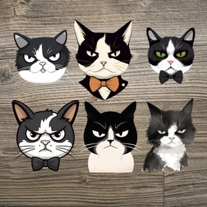 12 Grumpy Cats Clipart, Sad Angry Tuxedo Kitten, Digital Post Card/Sticker/Wall Arts, Funny Kitty Prints, Instant Download, Afdrukbaar