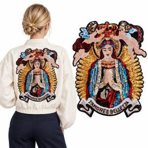 Jungfru Maria paljettlapp: Stor religiös applikation (40 cm)