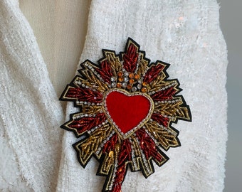 Handgemachte Perlen Strass Sacred Heart Aufnäher - Radiant Devotion