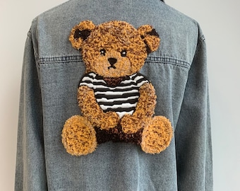 Großer Gestickter Chenille Bär Aufnäher | Gestreifte T-Shirt Applikation