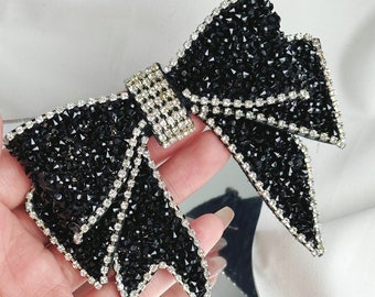 Rhinestone Bow Patch: Black Beaded Applique, 3D Costume Decoration