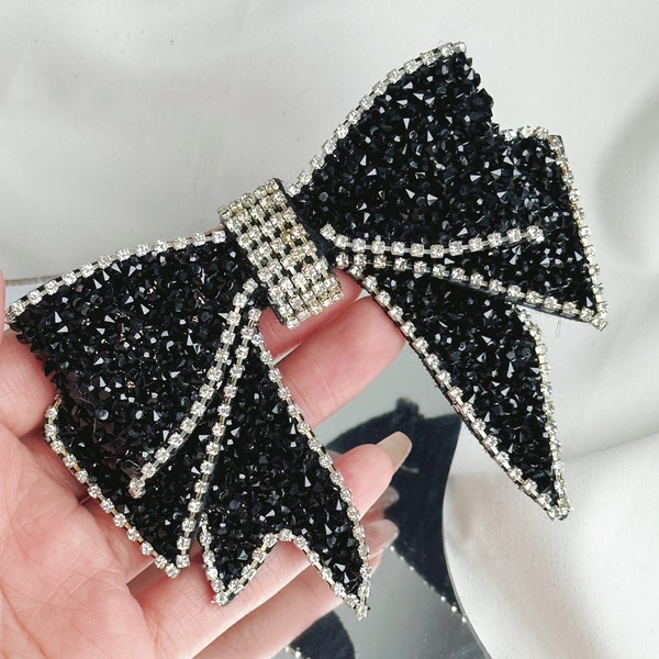 Rhinestone Bow Patches Black Bow Tie Applique Elegant Costume Decoration Gift for Her Handmade 3D Bling Beaded Studded Bag Accessories