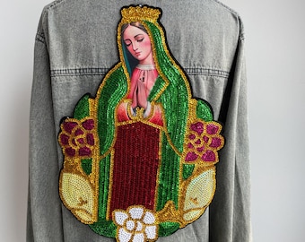 Extra Large Sequin Virgin Mary Patch - Guadalupe Inspired Embroidered Applique for Back Jacket - Religious Sequin Iron On Patch