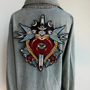 Large Embroidered Sword Heart Patch – Evil Eye Design iron on appliqué for clothes back