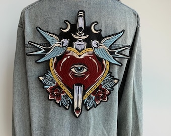 Large Embroidered Sword Heart Patch – Evil Eye Design iron on appliqué for clothes back