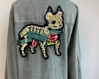 Bone-Shaped French Bulldog Embroidery Iron-On Patch with Floral Details for Dog Moms & DIY Fashion