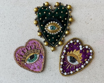Sparkling Beaded Evil Eye Heart Patch | Handmade Embroidery with Beads and Pearls for Jackets, Bags & Costumes