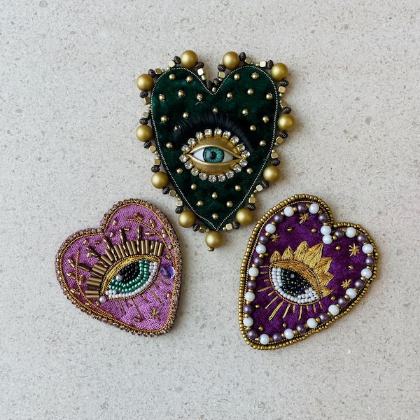 Sparkling Beaded Evil Eye Heart Patch | Handmade Embroidery with Beads and Pearls for Jackets, Bags & Costumes