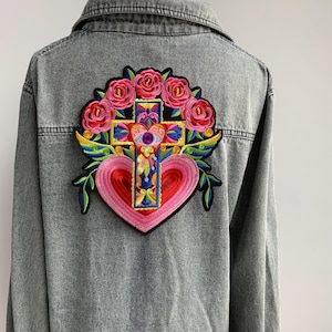 Gothic Sacred Heart Embroidered Patch: Pink Ombre, Evil Eye & Roses