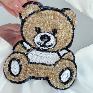 Niedlicher Teddybär Patch Bärenkopf Chenille Pailletten Applikation Zubehör für Vintage Kleidung, Taschen Cartoon Stickerei Custome handgemachte Dekoration