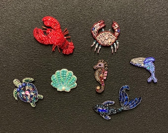 Patch animal océan en strass fait main - Perles de homard, coquillage, tortue, crabe, baleine, dauphin, hippocampe appliqué