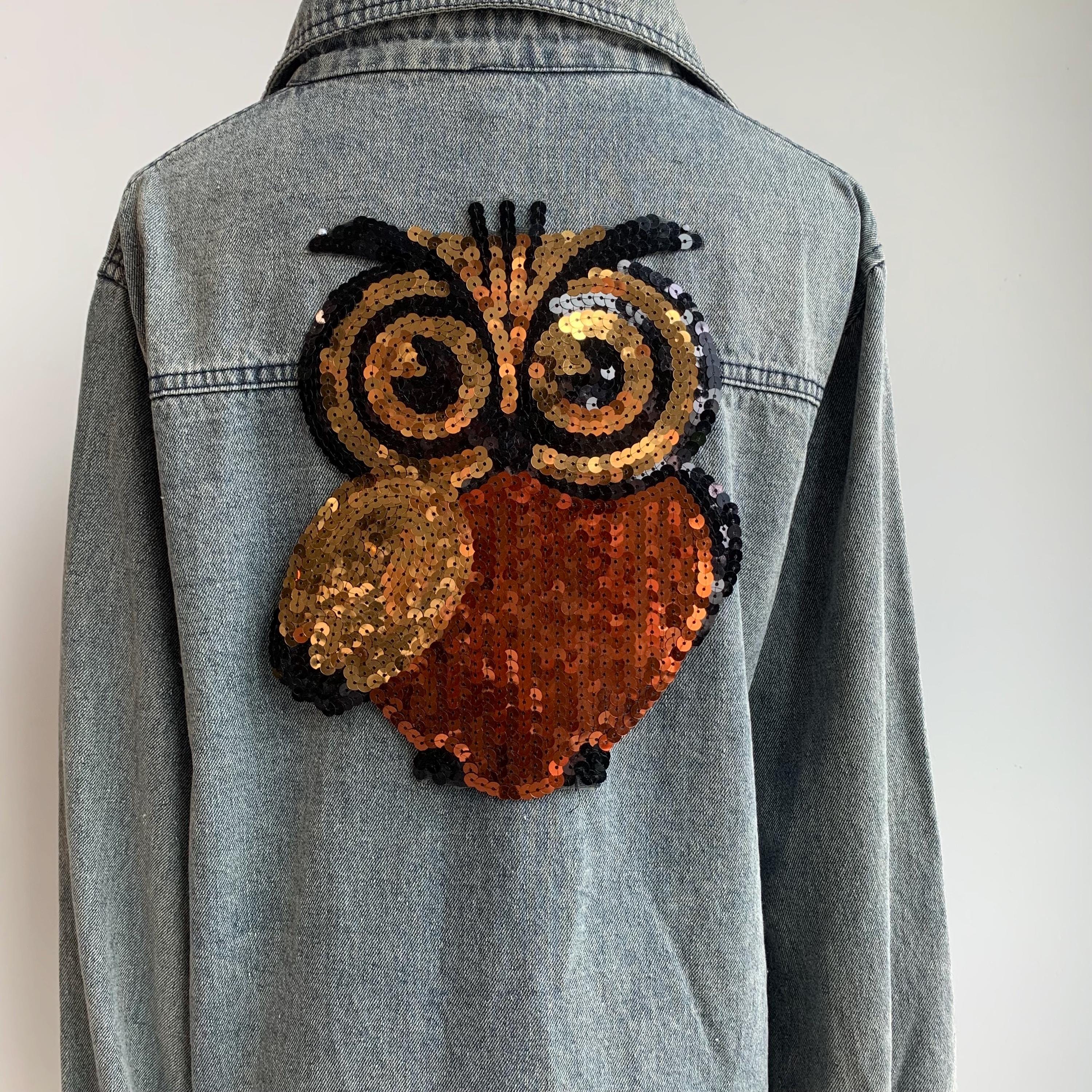 Large Golden Sequin Owl Appliqu&eacute; | Shiny Coffee Iron-On Patch for Jackets back
