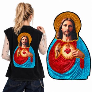 Sacred Heart of Jesus Sequin Embroidered Patch – Extra Large Catholic Religious Applique – Liturgical Icon Art – Statement Jacket Back Patch