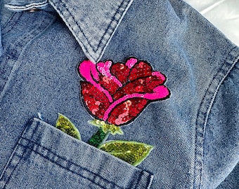 Vintage Rose Sequin Applique: Iron-On Blossom Patch