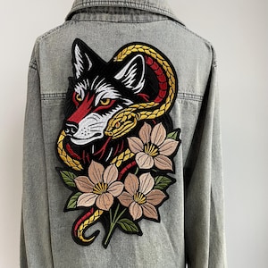 Large Fox Snake Embroidered Patch | Japanese Style Kitsune Back Patch with Floral Design | Statement Applique for Denim Jacket