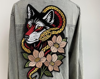 Large Fox Snake Embroidered Patch | Japanese Style Kitsune Back Patch with Floral Design | Statement Applique for Denim Jacket